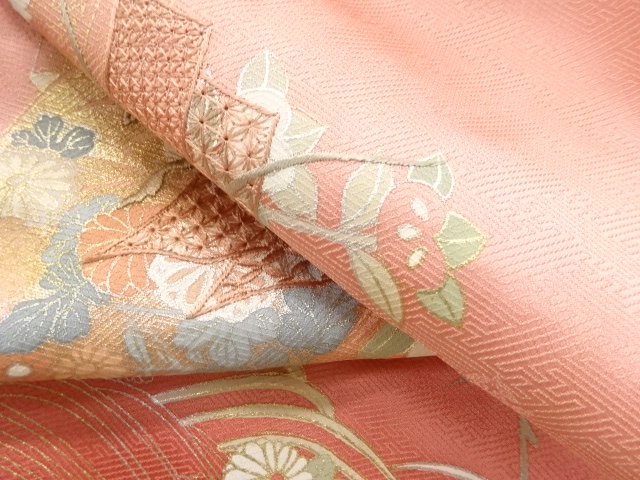  橘に短冊・牡丹模様刺繍訪問着